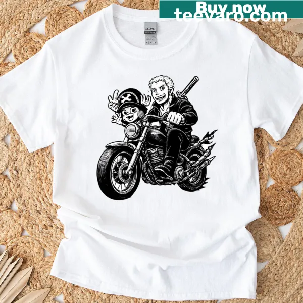 Playful cartoon t-shirt of Zoro and Chopper on a motorcycle