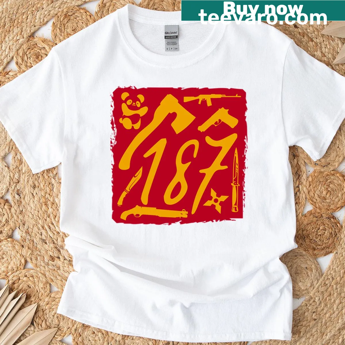 Whimsical t-shirt featuring a panda and various cartoon weapons — on a men's t-shirt