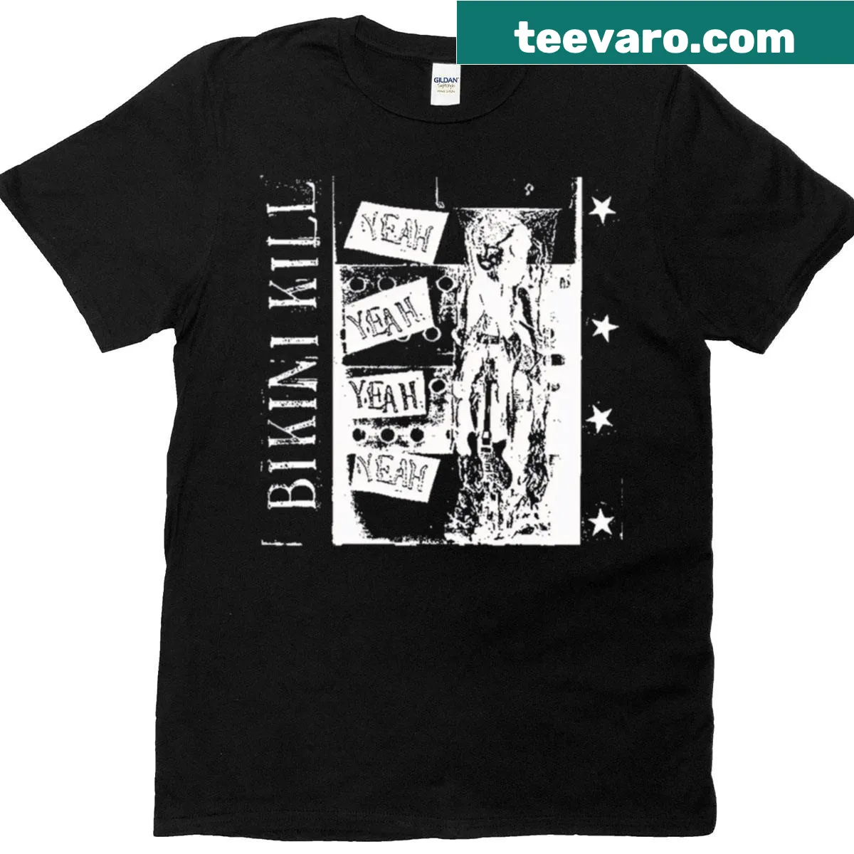 Vintage-style shirt featuring lyrics and band names from the 70s to 90s — on a men's t-shirt