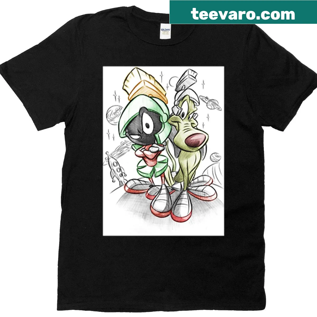 Whimsical t-shirt featuring an alien and his dog illustration — on a men's t-shirt