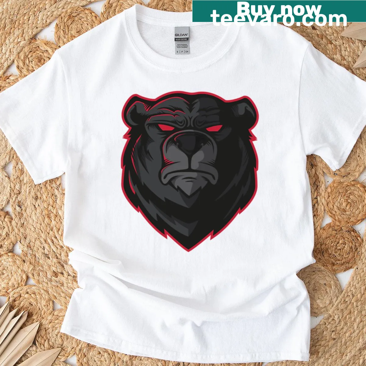 Angry black grizzly bear logo graphic on oversized shirt — on a men's t-shirt