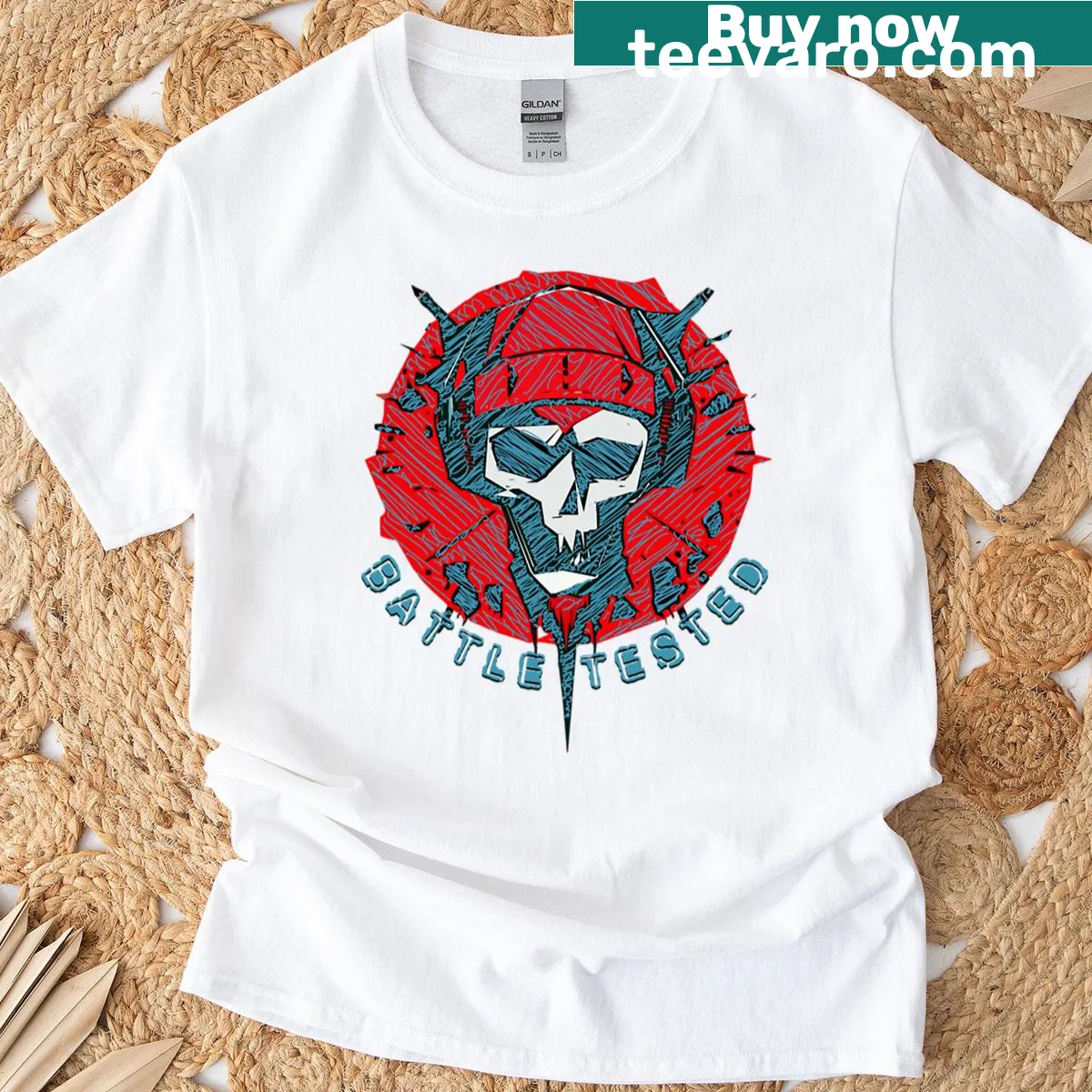 Punk skull graphic with combat elements in vintage style — on a men's t-shirt