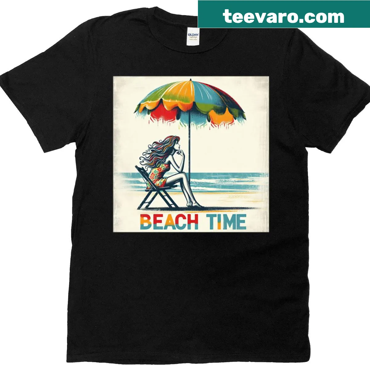 Illustration of a beach scene on a relaxed tee. — on a men's t-shirt