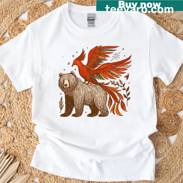 Illustration of a bear and phoenix symbolizing strength and rebirth