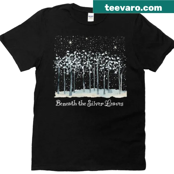 Whimsical forest scene beneath silver leaves on a T-shirt