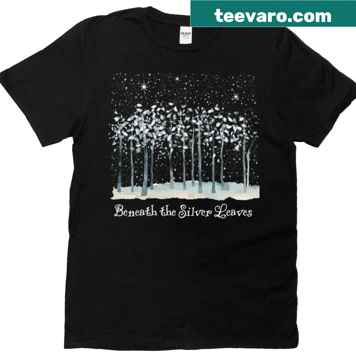 Whimsical forest scene beneath silver leaves on a T-shirt — on a men's t-shirt