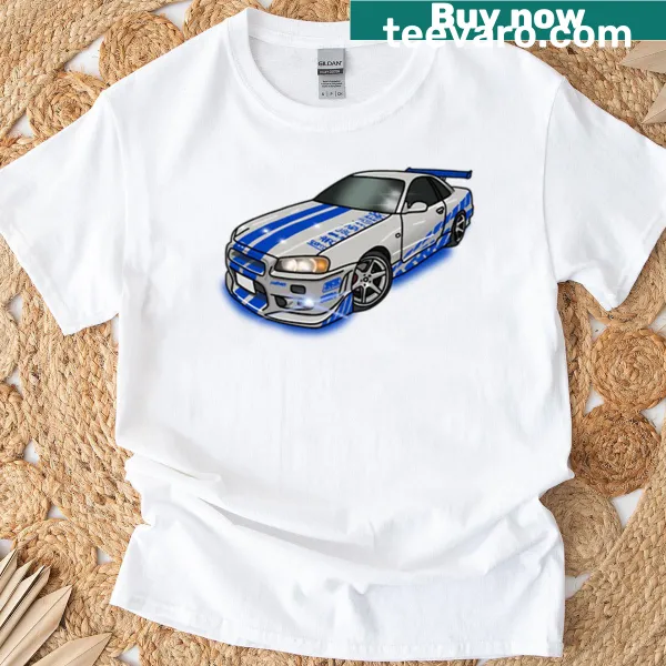 Illustration of the 1999 R34 Skyline GTR on a T-shirt for car enthusiasts