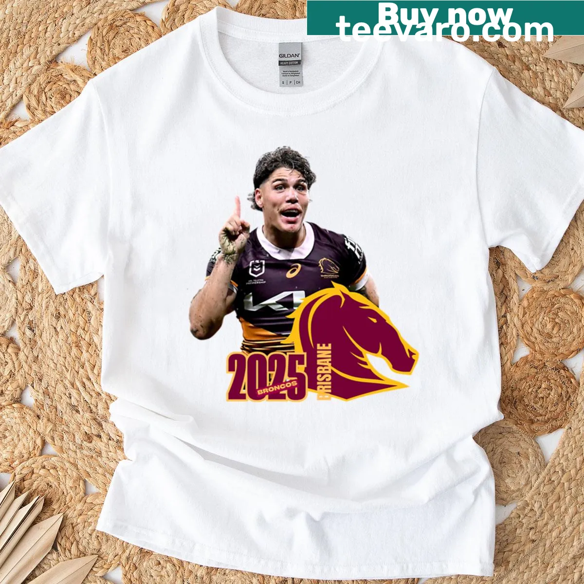Illustrated tribute to Reece Walsh on a Brisbane Broncos t-shirt — on a men's t-shirt