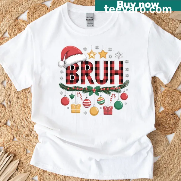Funny Christmas t-shirt with 'Bruh' text and red plaid design