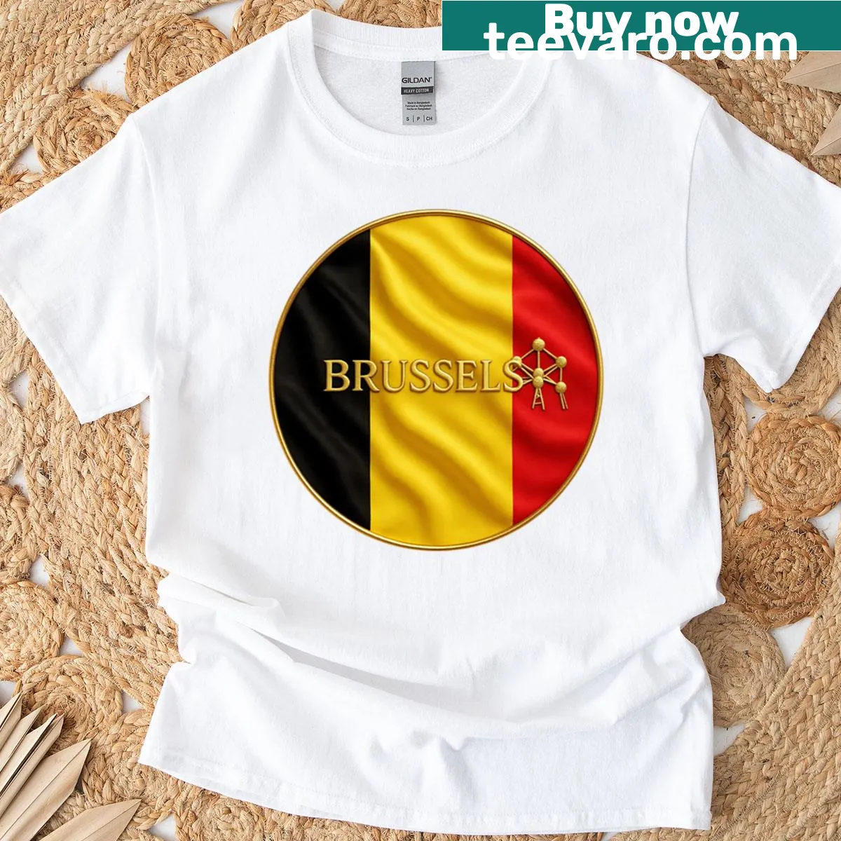 Brussels Belgium flag emblem with Atomium design on an oversized T-shirt — on a men's t-shirt