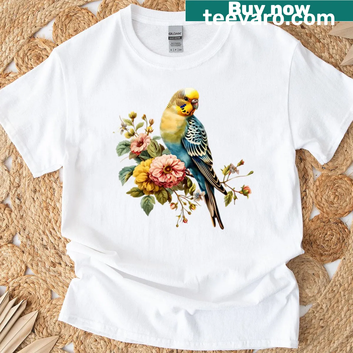 Illustration of a budgerigar with flowers on a t-shirt — on a men's t-shirt