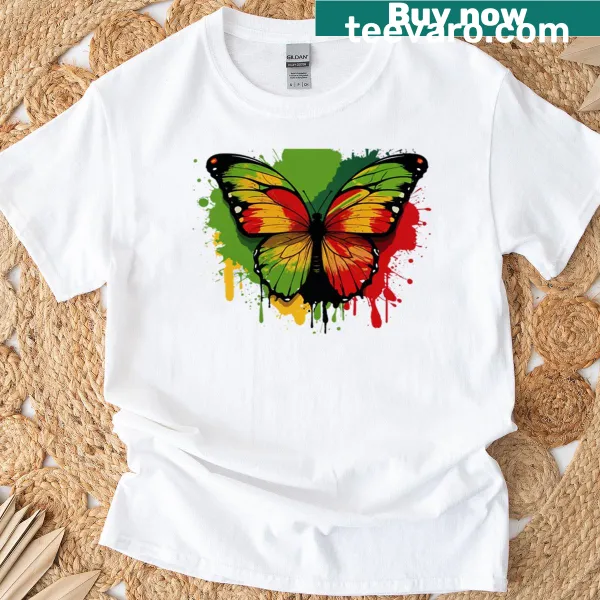 Illustrated butterfly design representing diaspora on a T-shirt