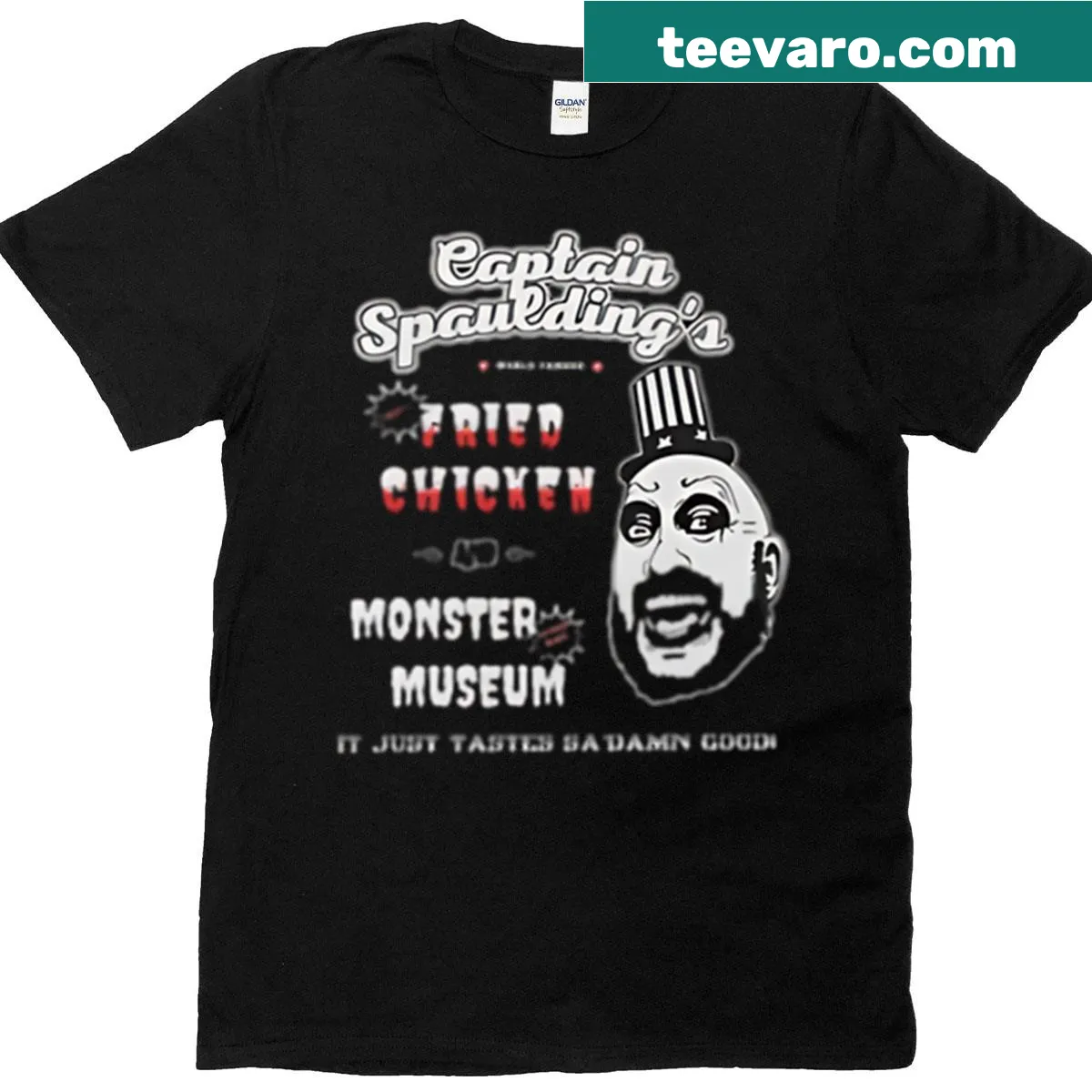 Playful illustrated t-shirt featuring Captain Spauldings Fried Chicken — on a men's t-shirt