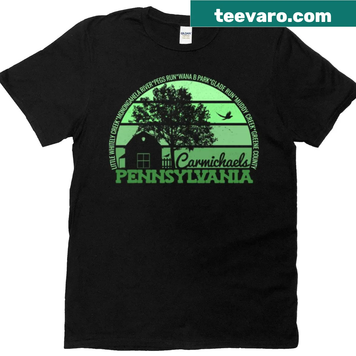 Vintage logo T-shirt celebrating Carmichaels, Pennsylvania — on a men's t-shirt
