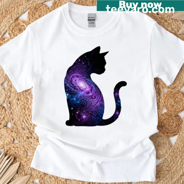 Minimalist black cat silhouette against a celestial backdrop.