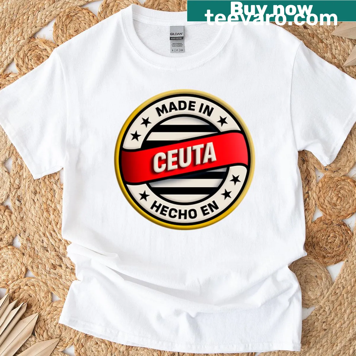 T-shirt featuring a playful graphic of Ceuta stickers and symbols — on a men's t-shirt