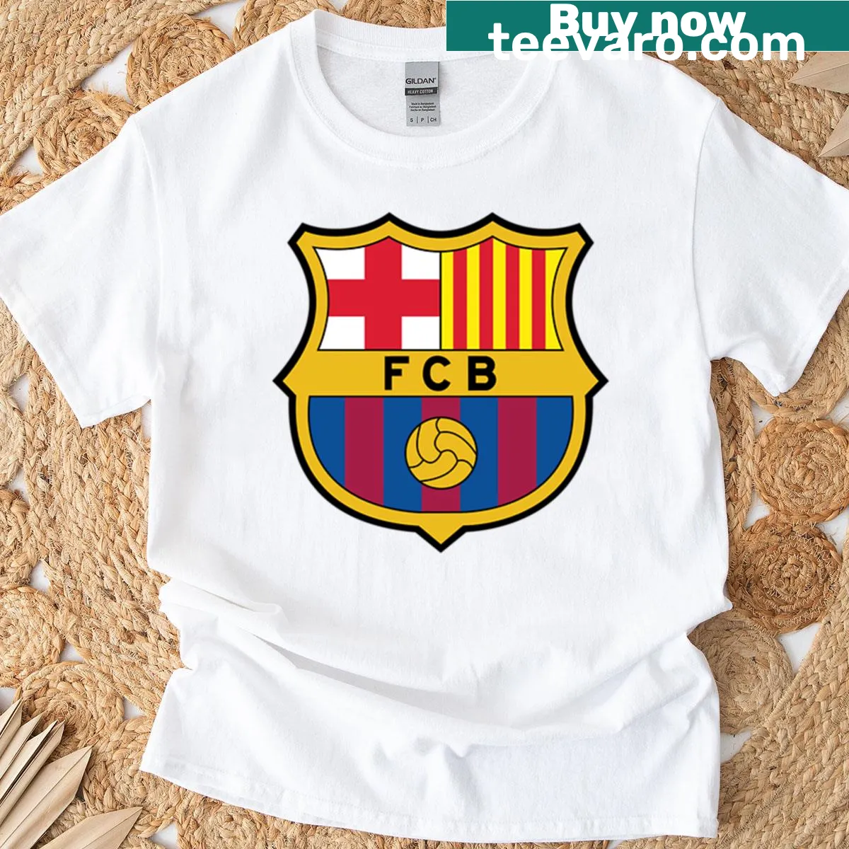 Bold text design 'Cheers Barca' on a T-shirt celebrating FC Barcelona — on a men's t-shirt
