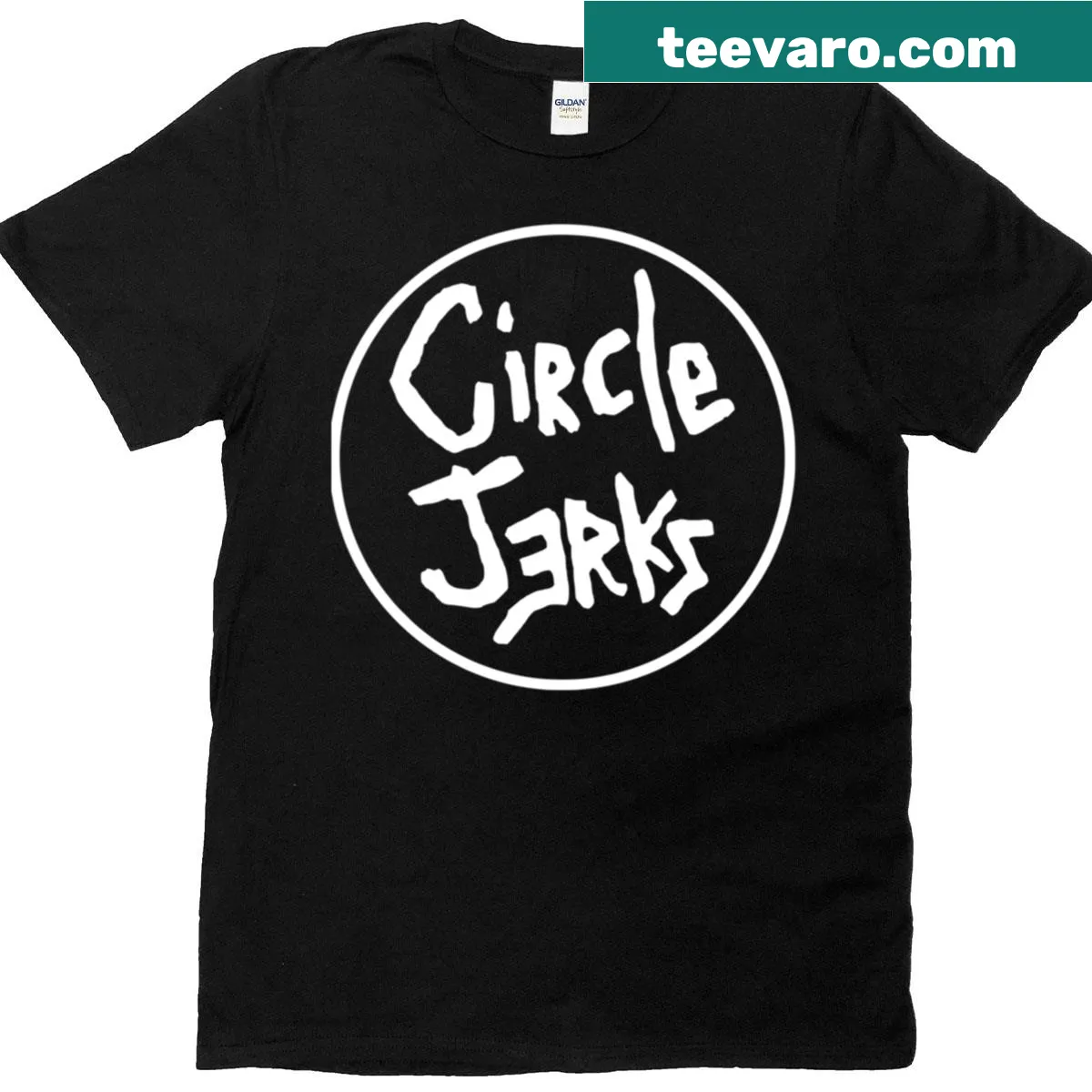Circle Jerks logo t-shirt featuring bold band graphic — on a men's t-shirt