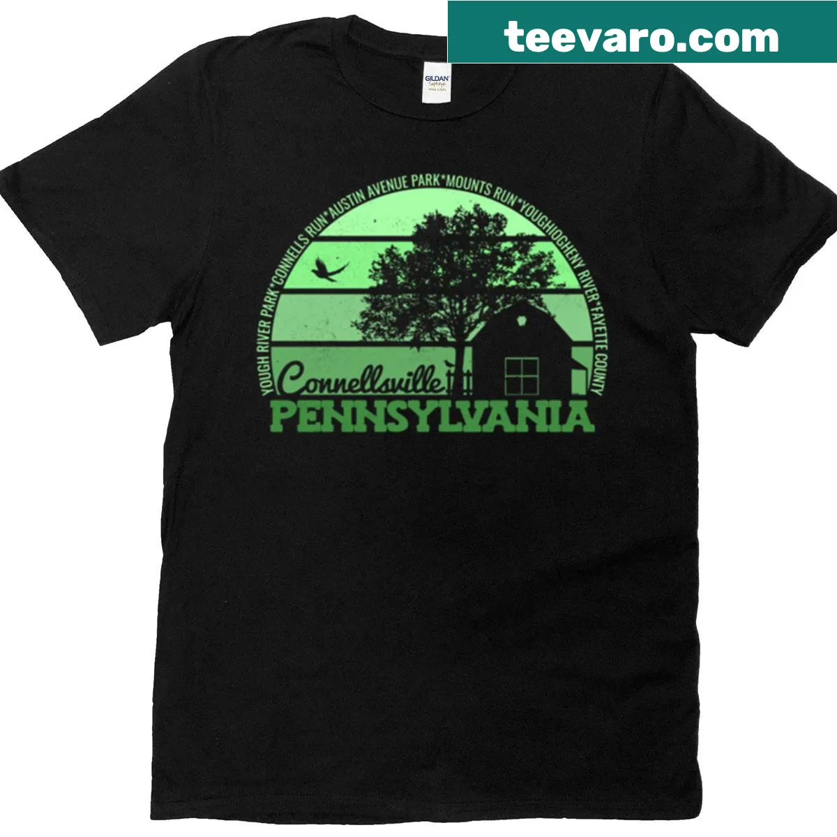 Retro graphic t-shirt with Connellsville Pennsylvania sunset logo — on a men's t-shirt