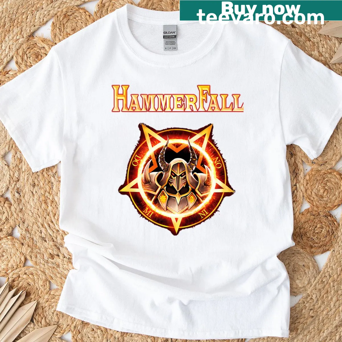 Bold graphic design of Hammerfall rock band on a t-shirt — on a men's t-shirt