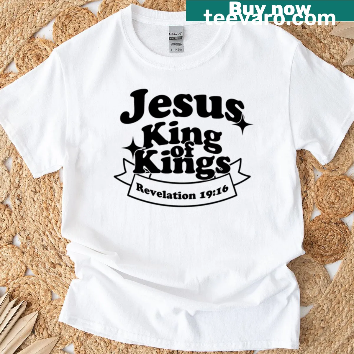 Black t-shirt with 'Jesus King of Kings' text design — on a men's t-shirt