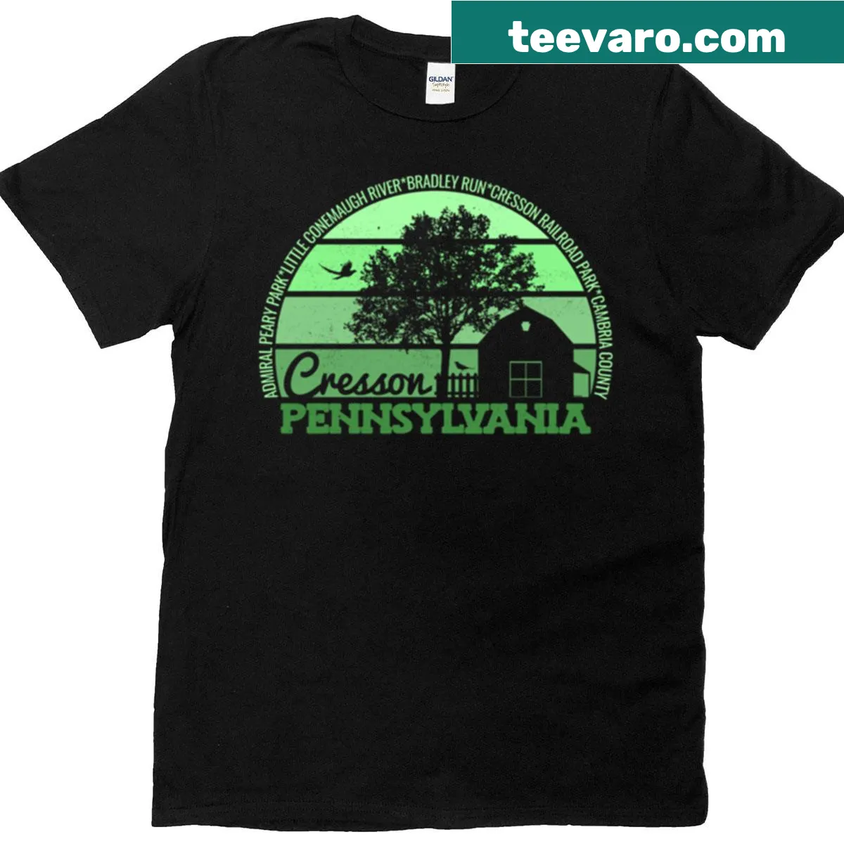Vintage Cresson Pennsylvania logo t-shirt with sunset graphic — on a men's t-shirt