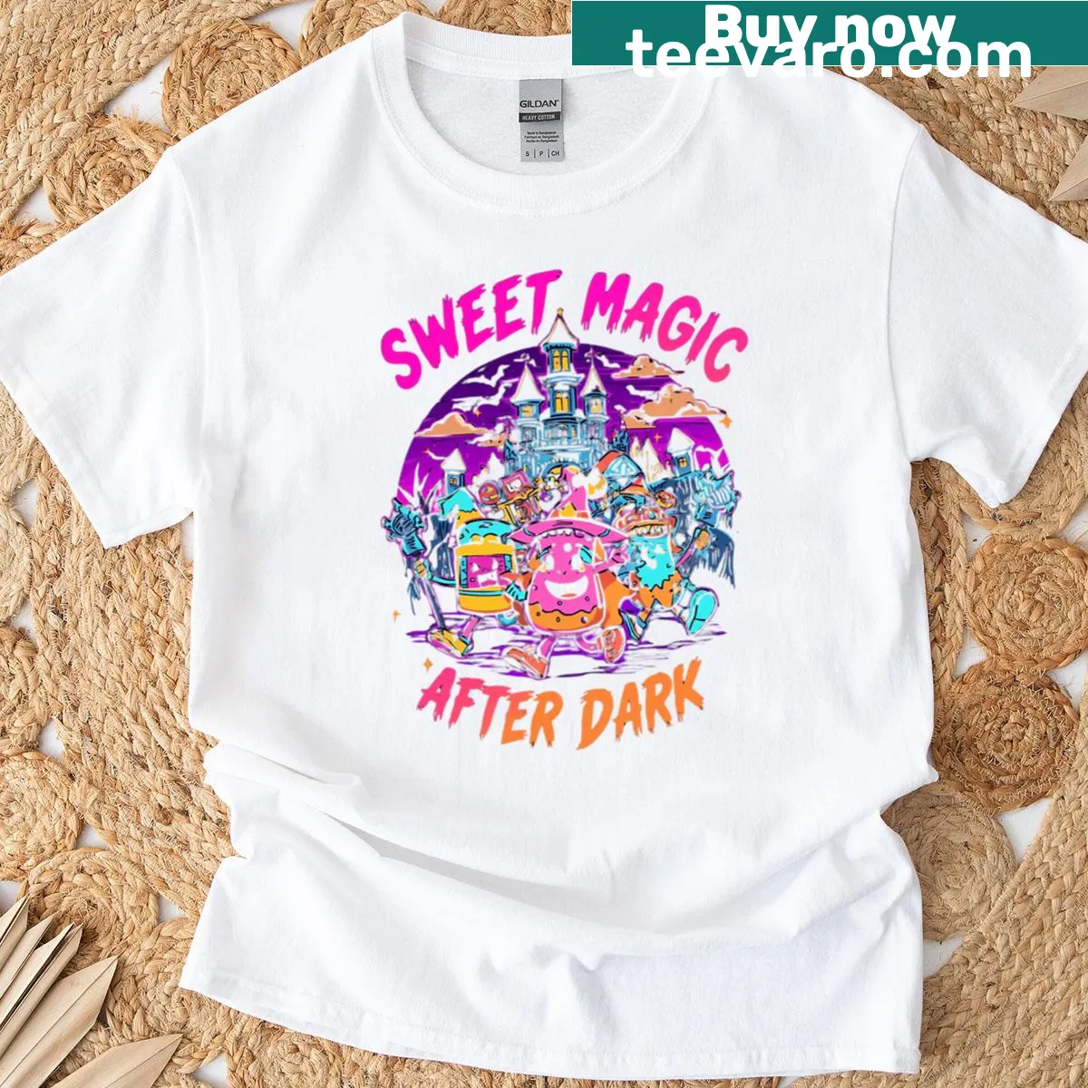 Cartoon design featuring a whimsical candy parade — on a men's t-shirt