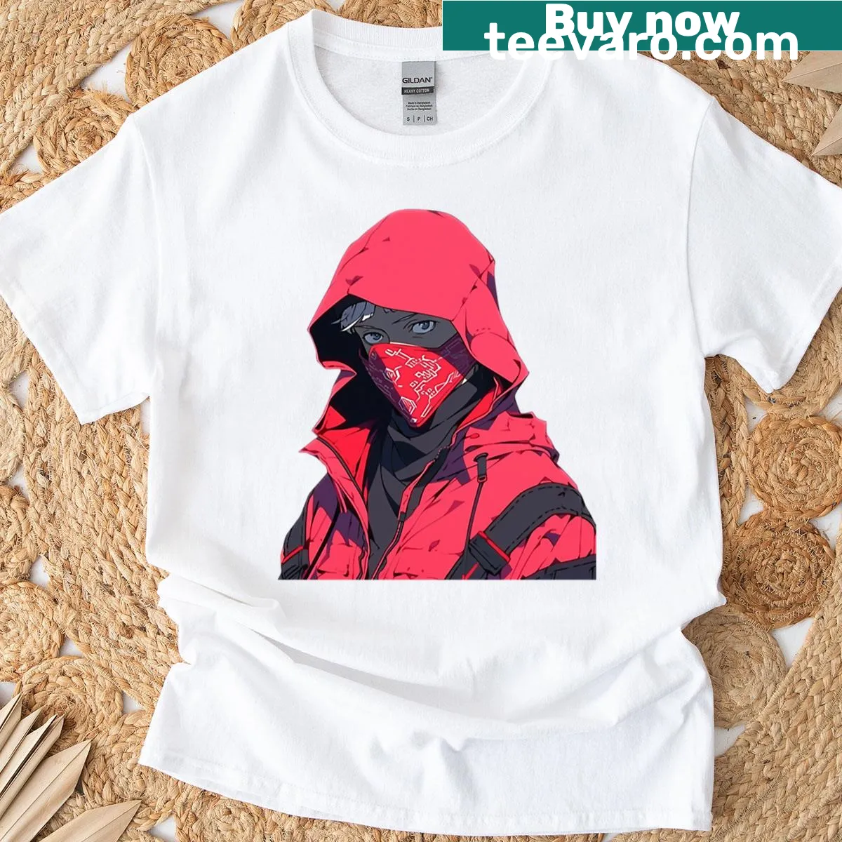 Futuristic design featuring a red mask and hood in an edgy graphic. — on a men's t-shirt
