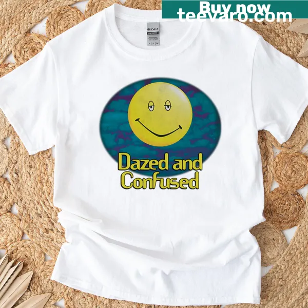 Playful 'Dazed And Movie Confused' logo with big smile on a T-shirt
