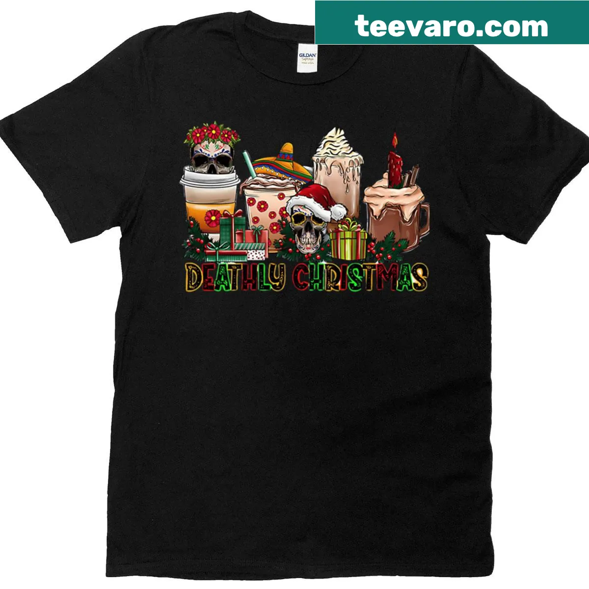 Gothic skulls and coffee themed graphic on a festive t-shirt — on a men's t-shirt
