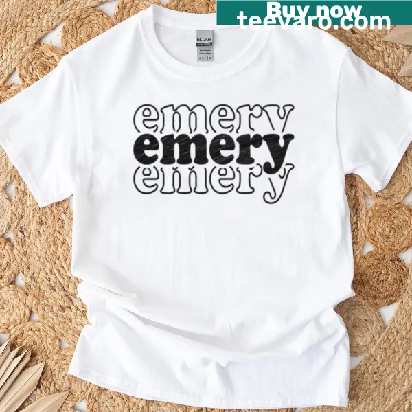 Personalized T-shirt featuring the name Emery in hand-lettered design