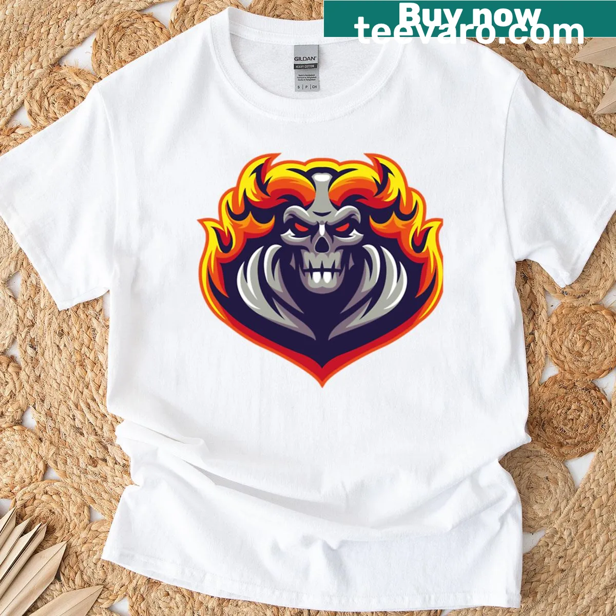 Fire skull artwork in an edgy design for gamers — on a men's t-shirt