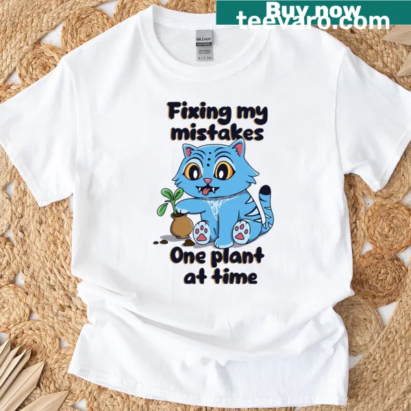 Cartoon T-shirt featuring a derpy tiger with the phrase 'Fixing My Mistakes'