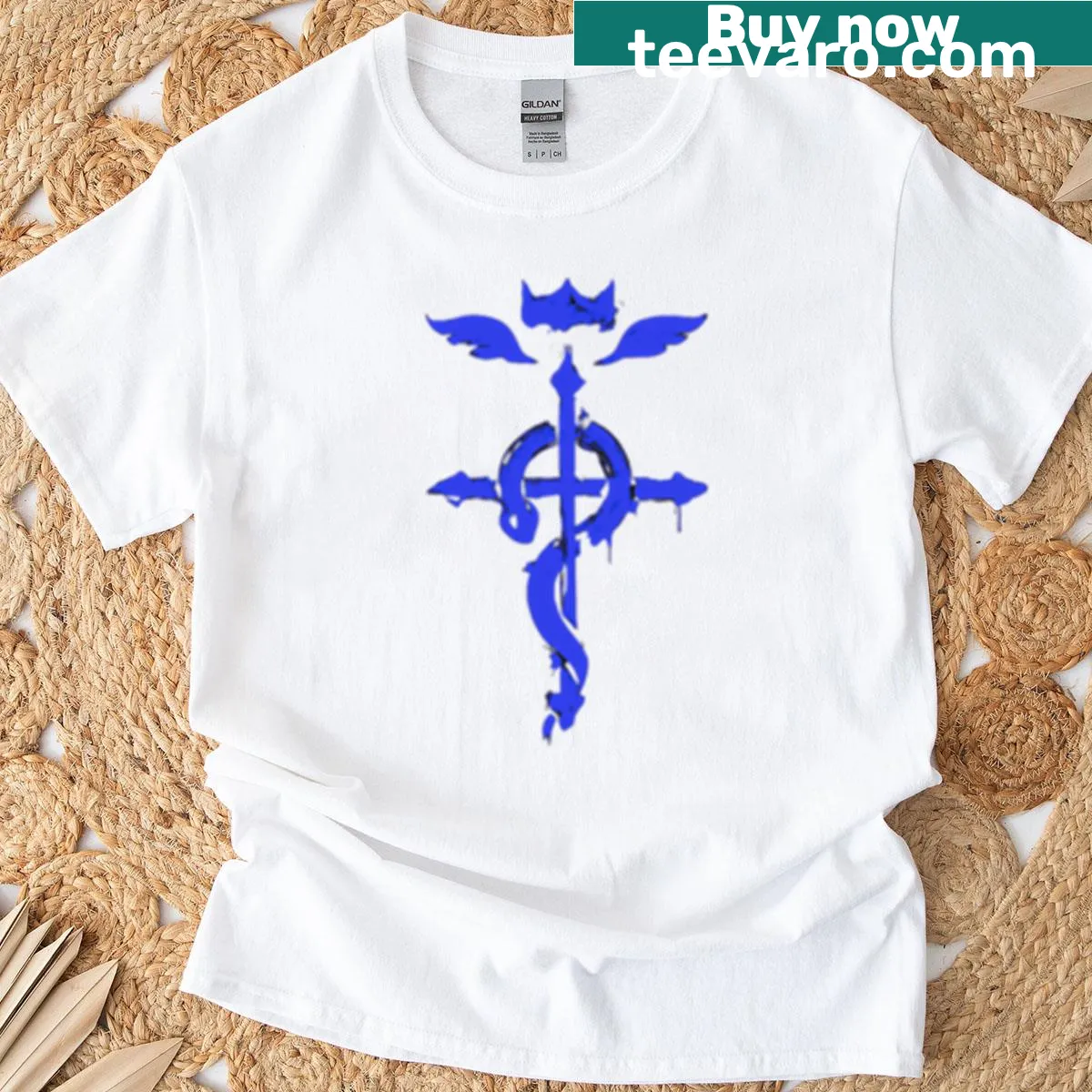 Oversized t-shirt featuring Flamels Cross from Fullmetal Alchemist in blue — on a men's t-shirt