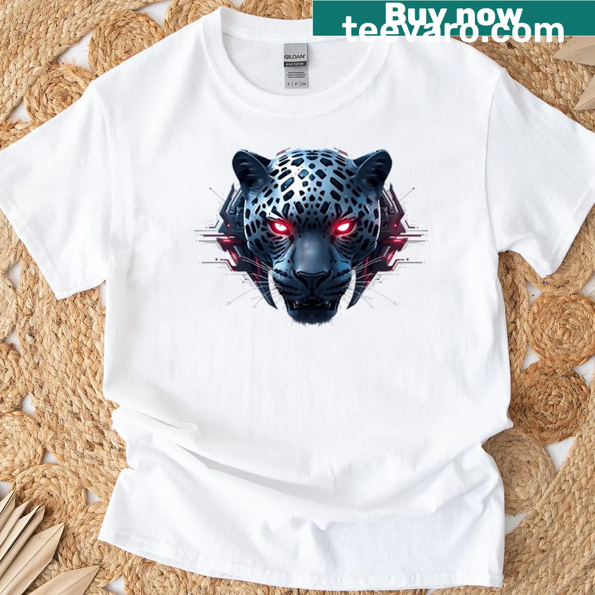 Futuristic leopard logo graphic on T-shirt — on a men's t-shirt