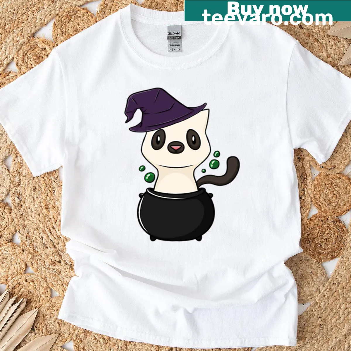 Illustration of a ghost cat in a cauldron on a t-shirt — on a men's t-shirt