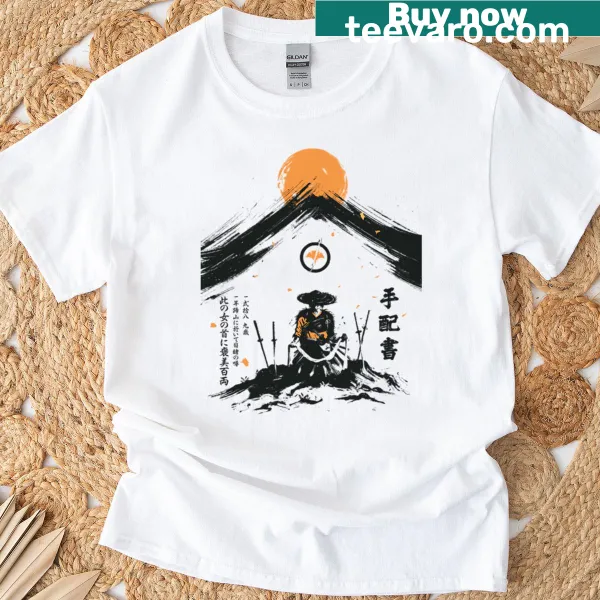 Illustrated T-shirt of a ghostly swordswoman holding a sword.