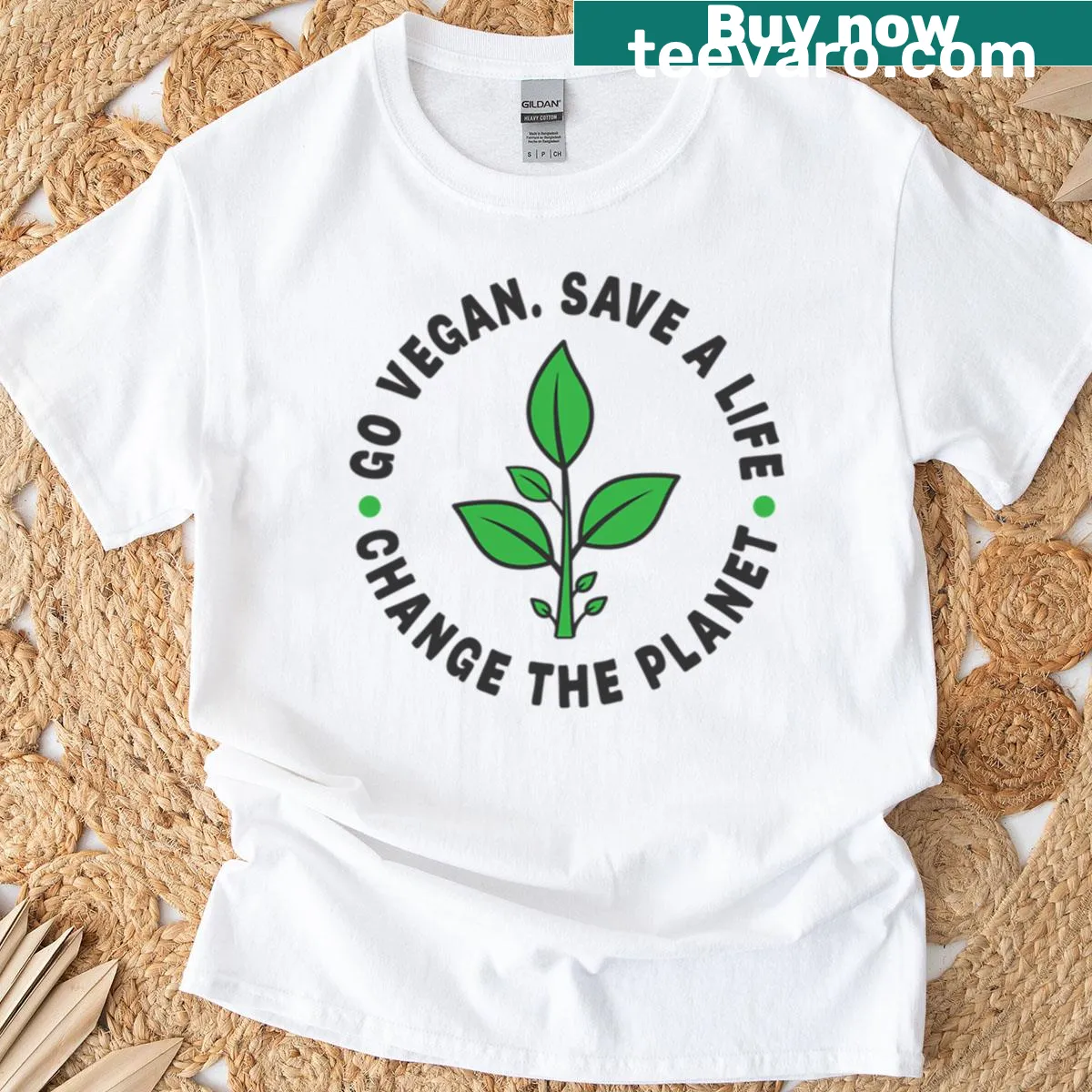 Eco-friendly T-shirt with a green leaf design and motivational vegan message — on a men's t-shirt