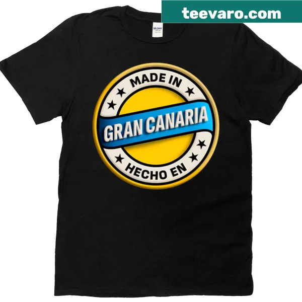 Sticker-style graphics representing Gran Canaria on a T-shirt.