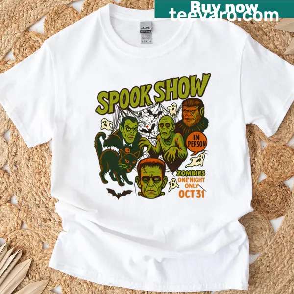 Spooky Halloween-themed T-shirt with horror illustrations