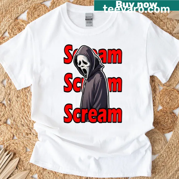 Scream mask graphic on a spooky Halloween t-shirt