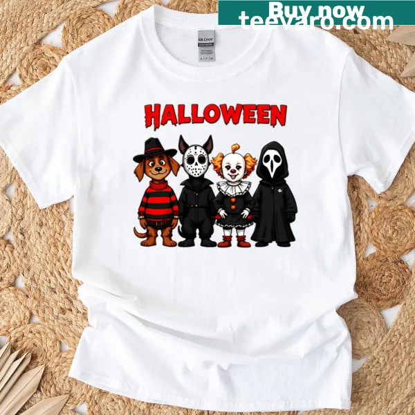 T-shirt featuring Freddy, Jason, Pennywise, and Ghostface for Halloween