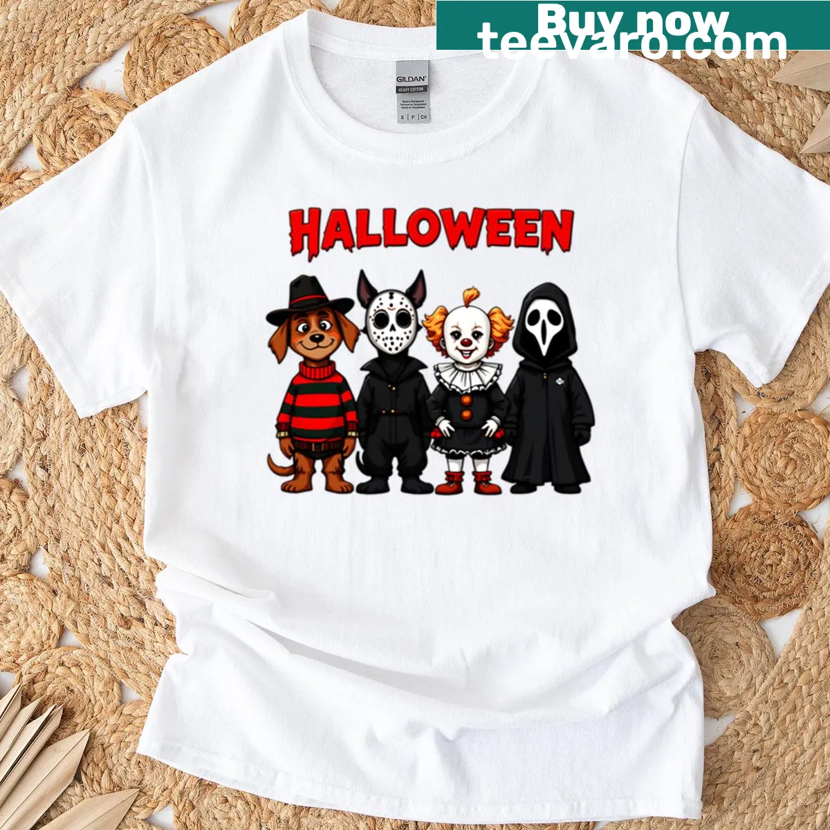 T-shirt featuring Freddy, Jason, Pennywise, and Ghostface for Halloween — on a men's t-shirt