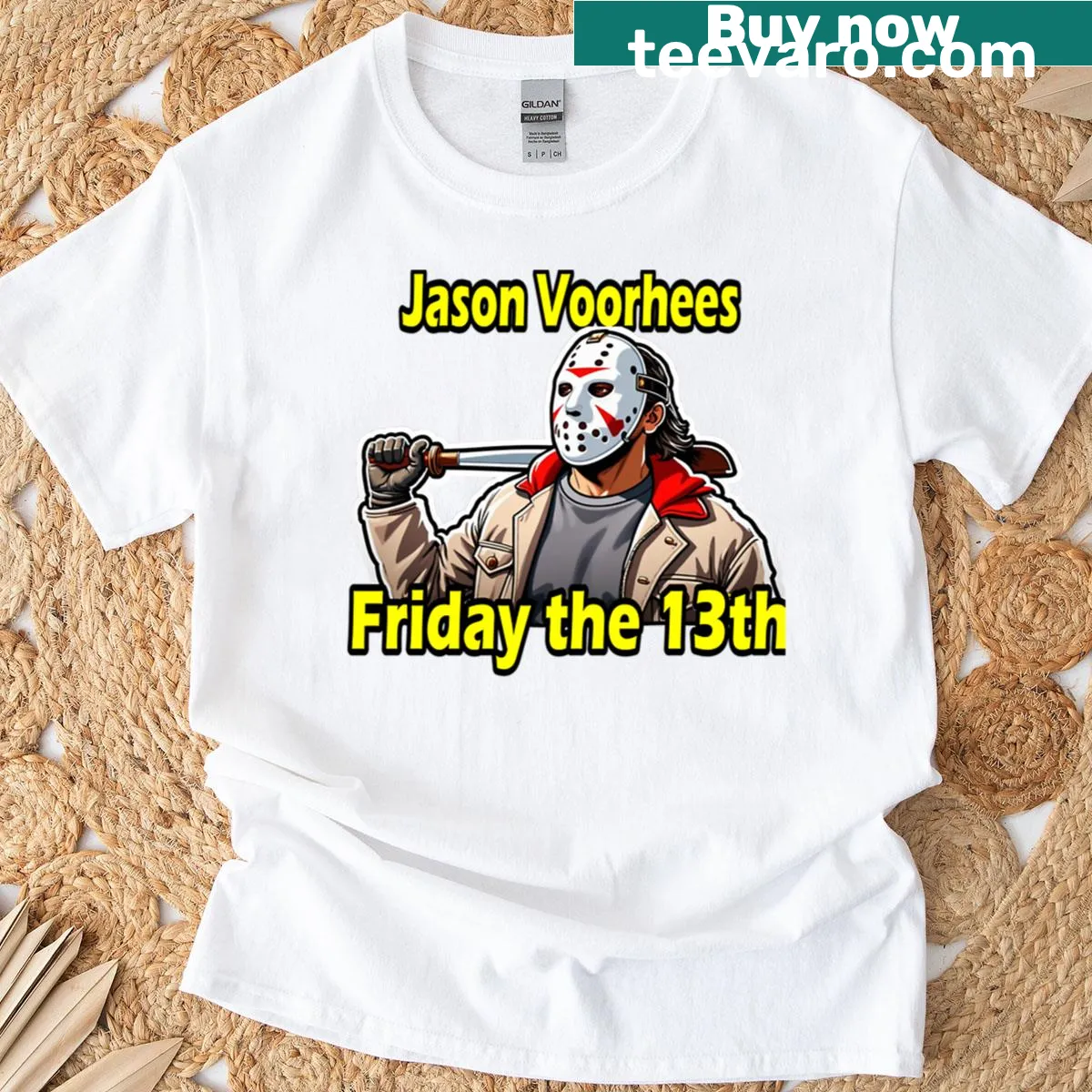 Halloween Jason Voorhees graphic T-shirt featuring iconic horror imagery — on a men's t-shirt