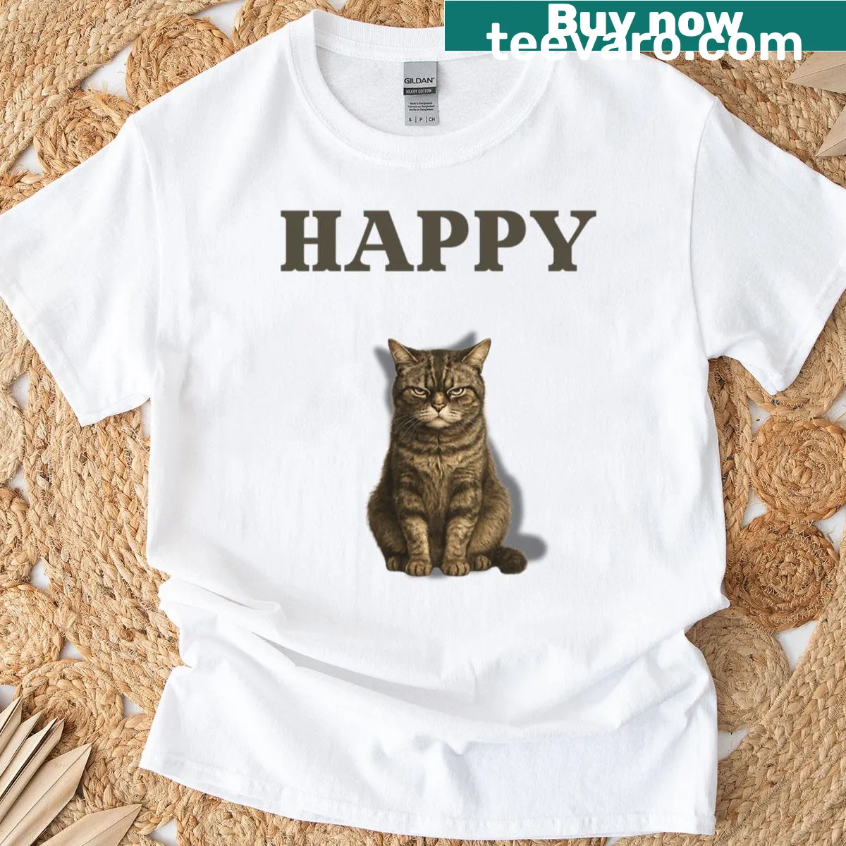 Hyperrealistic illustration of a happy angry cat t-shirt — on a men's t-shirt