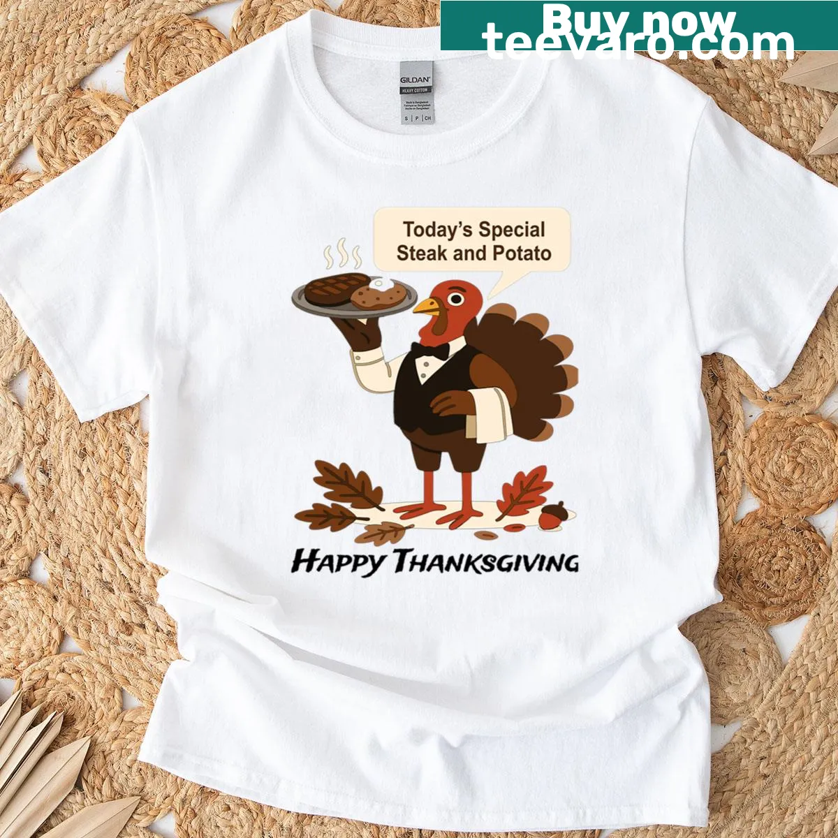 Funny Thanksgiving t-shirt with cartoon turkey waiter and special steak and potato text — on a men's t-shirt