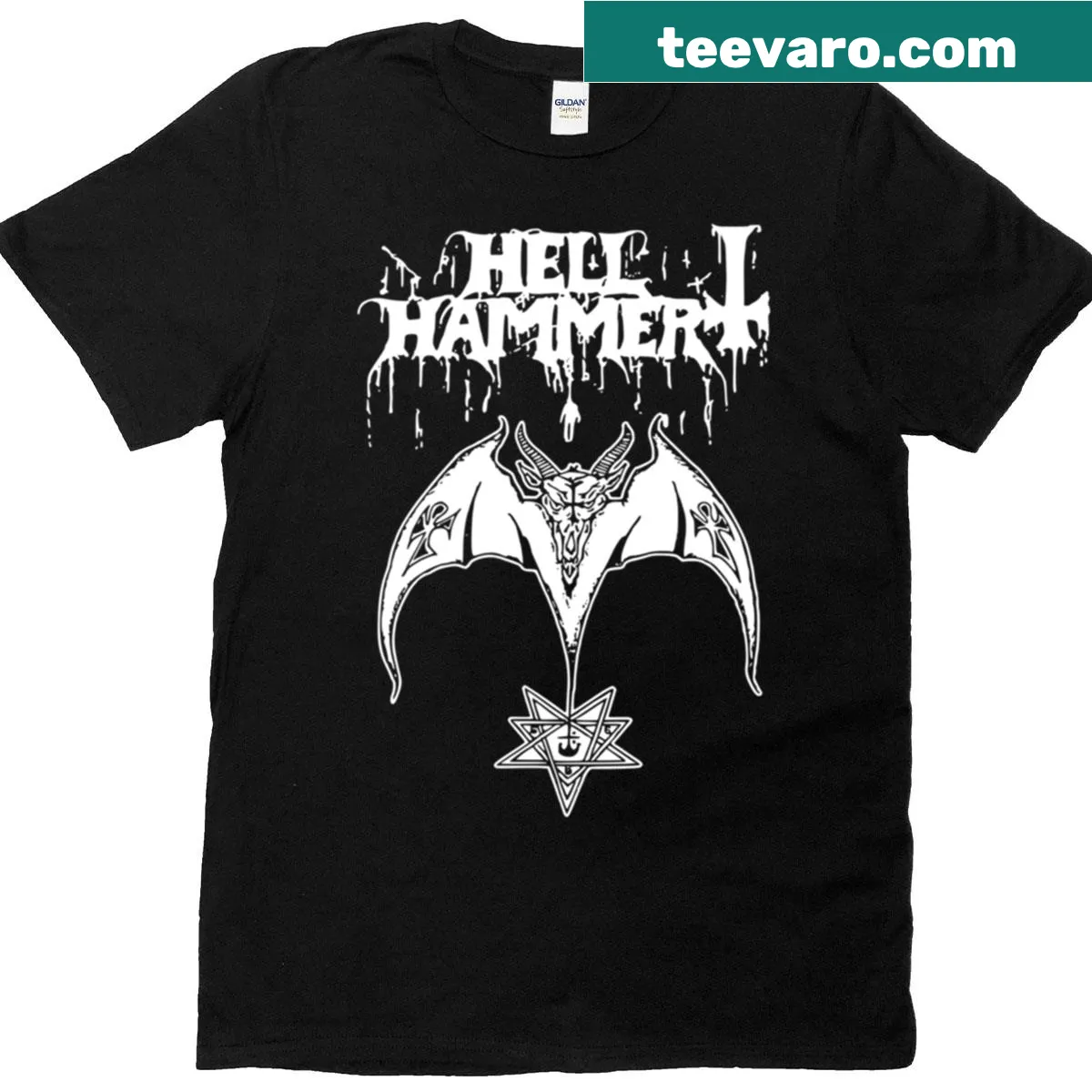 Oversized T-shirt featuring the Hellhammer HD logo. — on a men's t-shirt