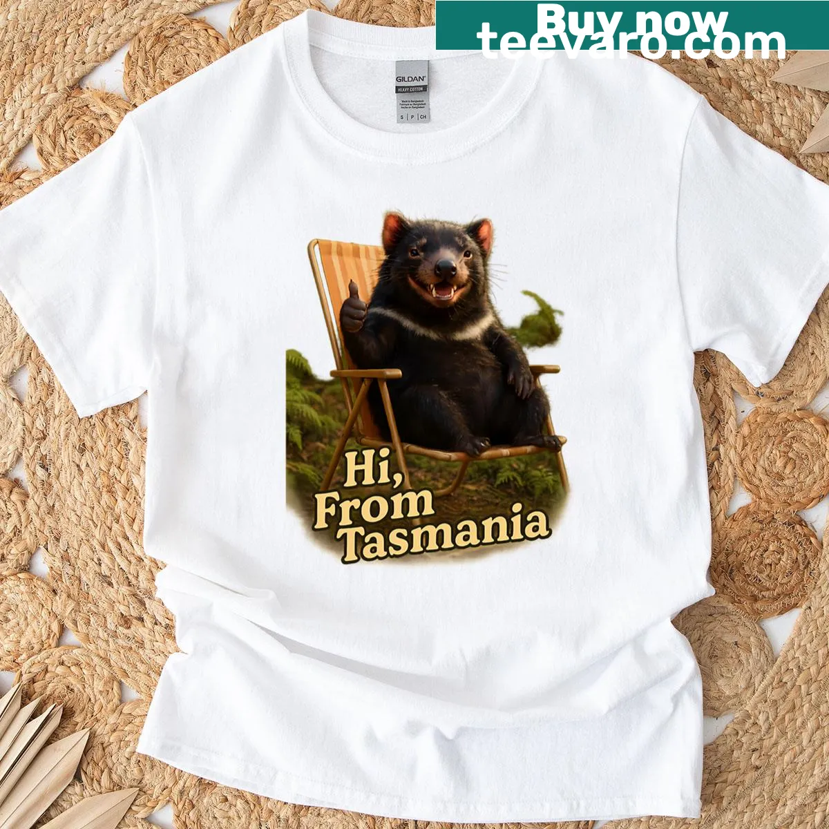 Tasmania greeting graphic t-shirt — on a men's t-shirt