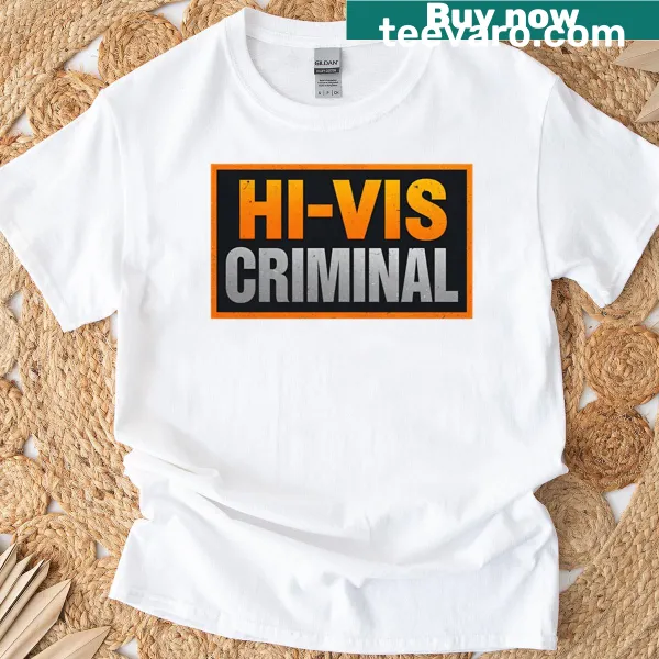 Humorous Hi-vis Criminal T-shirt with playful text design