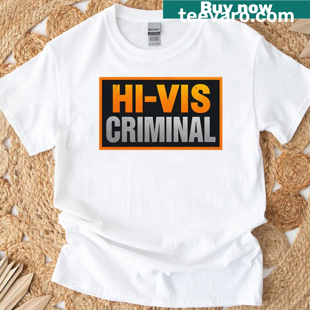 Humorous Hi-vis Criminal T-shirt with playful text design — on a men's t-shirt